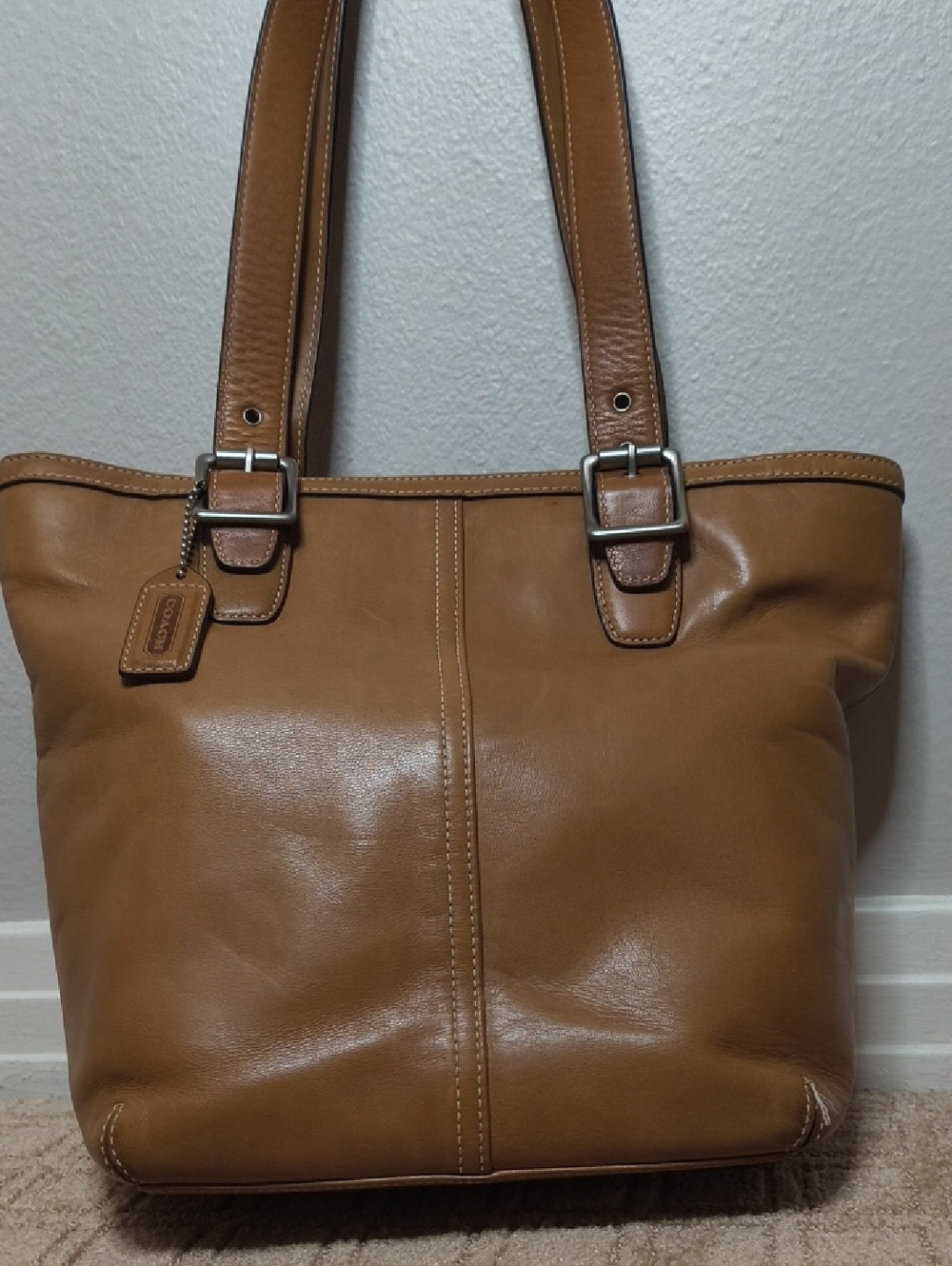 Vintage Coach Tan Leather Shoulder Tote with Silver Hardware